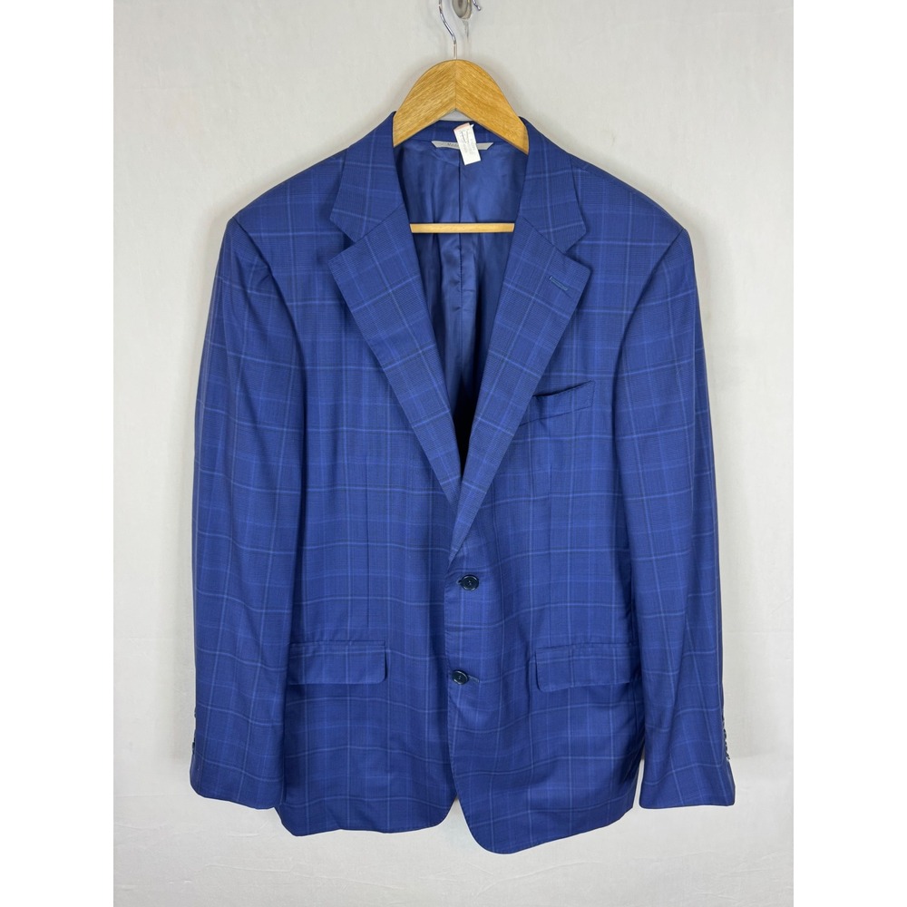 Canali Travel Mens Blue Wool Windowpane Check Blazer Jacket 54R 44R Italy